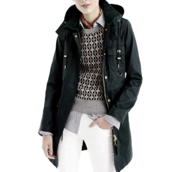 J Crew XS Waxed Cotton Long Military Field Coat Hooded Barn Jacket Army Green - Picture 4 of 13